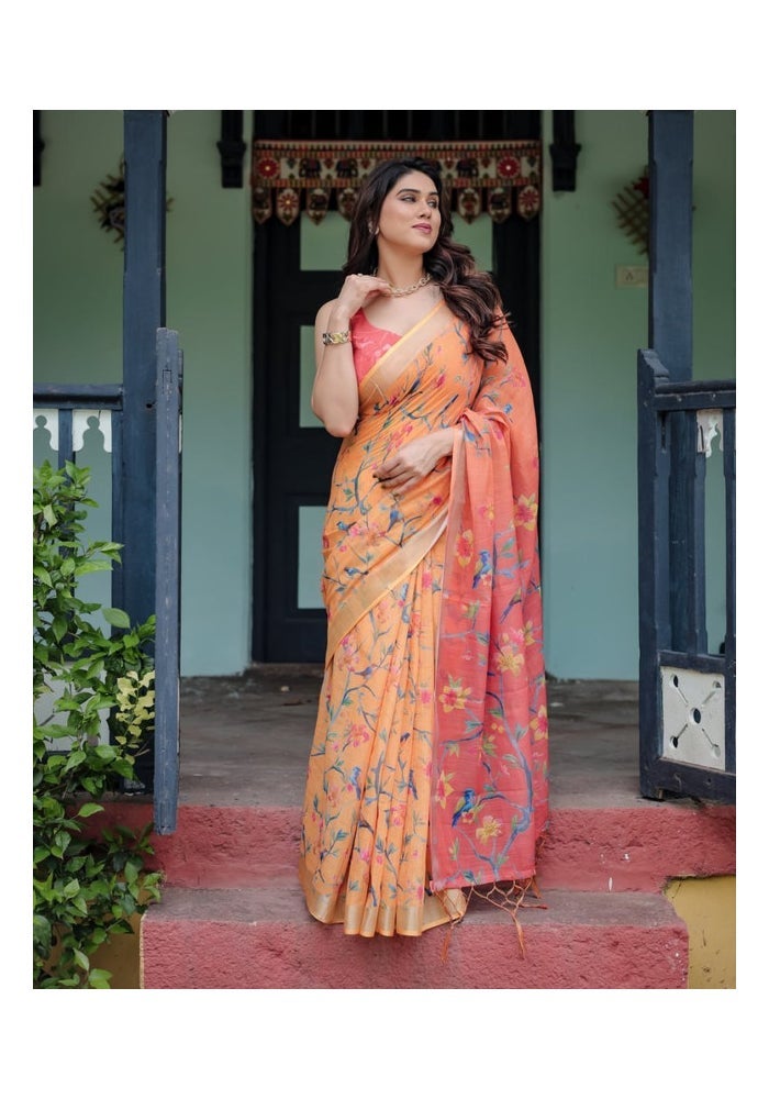 Malishka Export ساري قطن كتان برتقالي مزخرف للنساء - Image 5